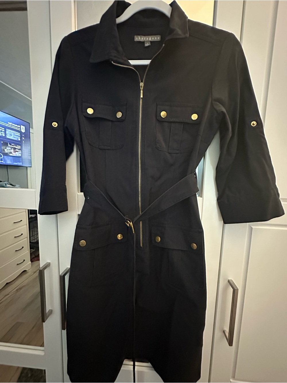 Sharagano Black Utility Belted Jacket with Gold Hardware